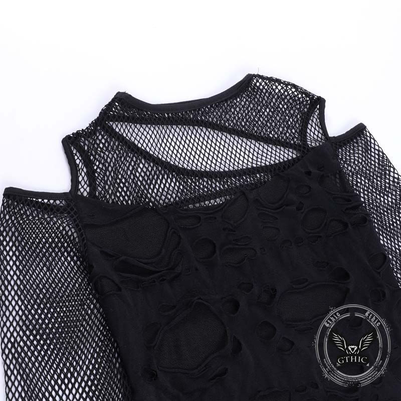 Dark Style Sexy Slim Mesh Hole Long Sleeve Top