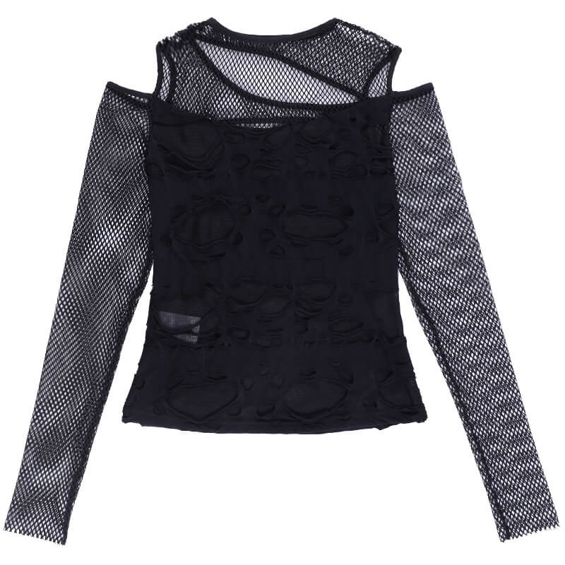 Dark Style Sexy Slim Mesh Hole Long Sleeve Top