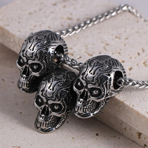 Dark Three Skull Head Stainless Steel Gothic Necklace 01 | Gthic.com