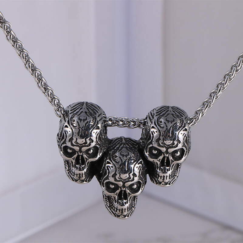 Dark Three Skull Head Stainless Steel Gothic Necklace 03 | Gthic.com