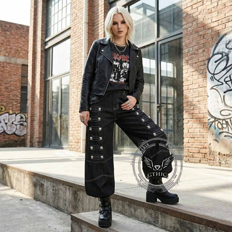 Dark Y2K Punk Rivet Embellishment Wide Leg Jeans – GTHIC