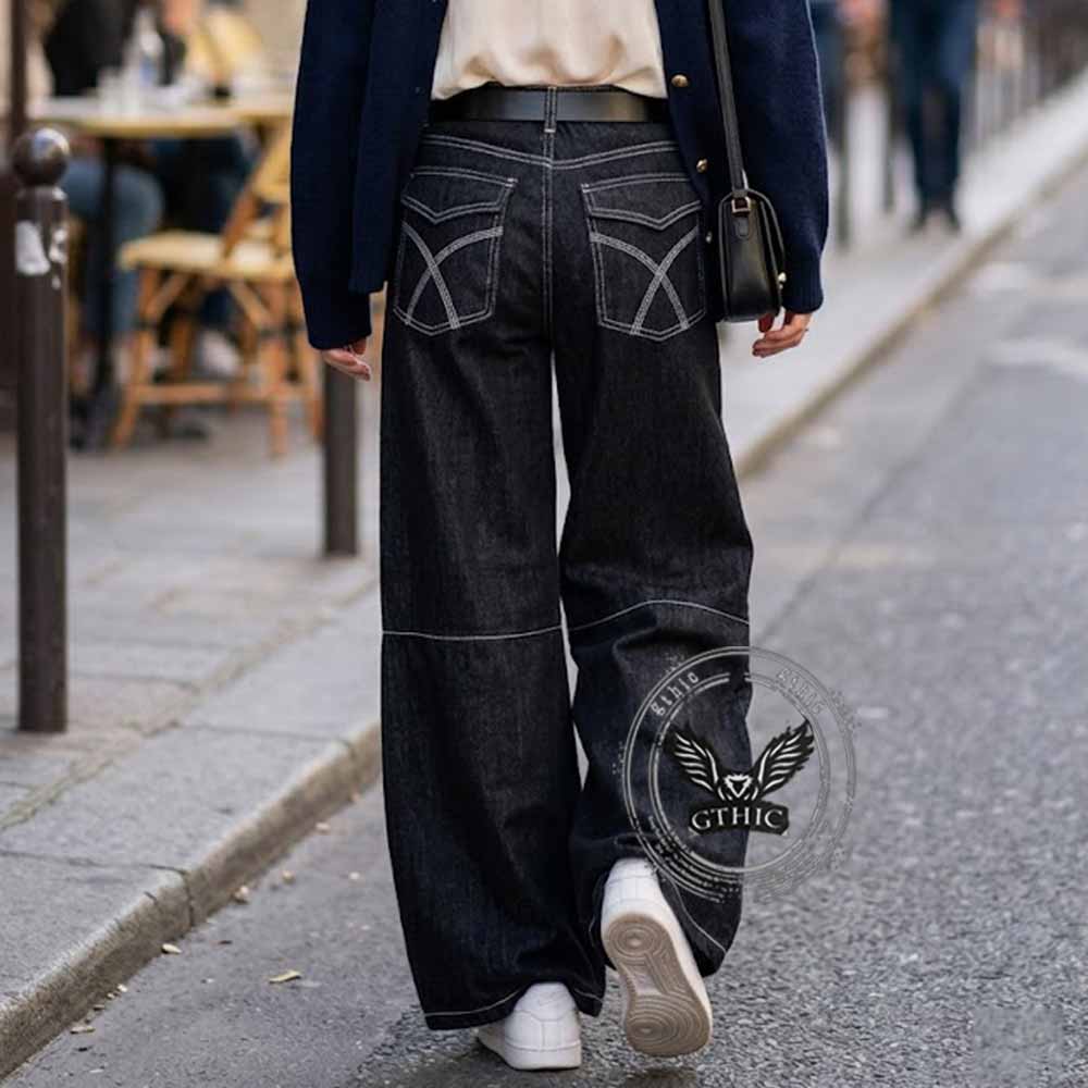 Dark Y2K Punk Rivet Embellishment Wide Leg Jeans | Gthic.com