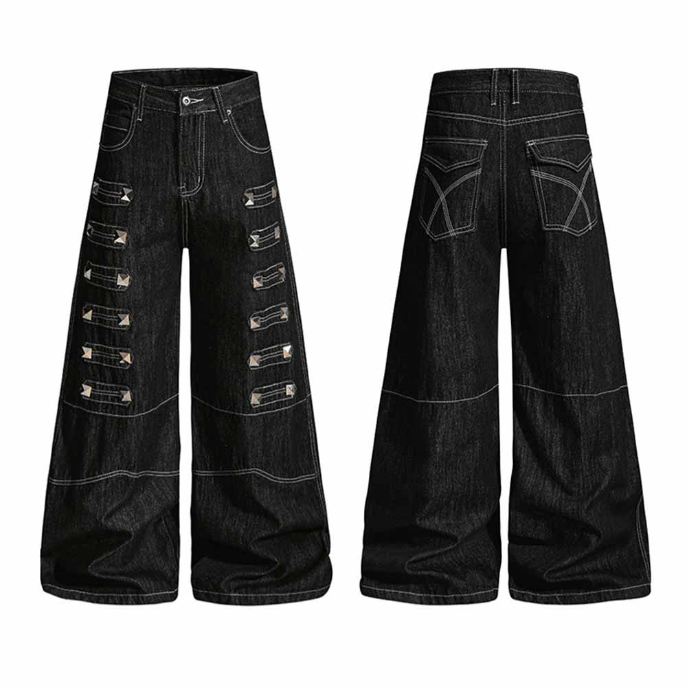 Dark Y2K Punk Rivet Embellishment Wide Leg Jeans | Gthic.com