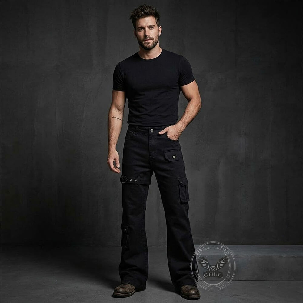 Dark Y2K Strap Design Flared Multi-Pocket Casual Pants