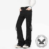Dark Y2K Strap Design Flared Multi-Pocket Casual Pants 01 | Gthic.com