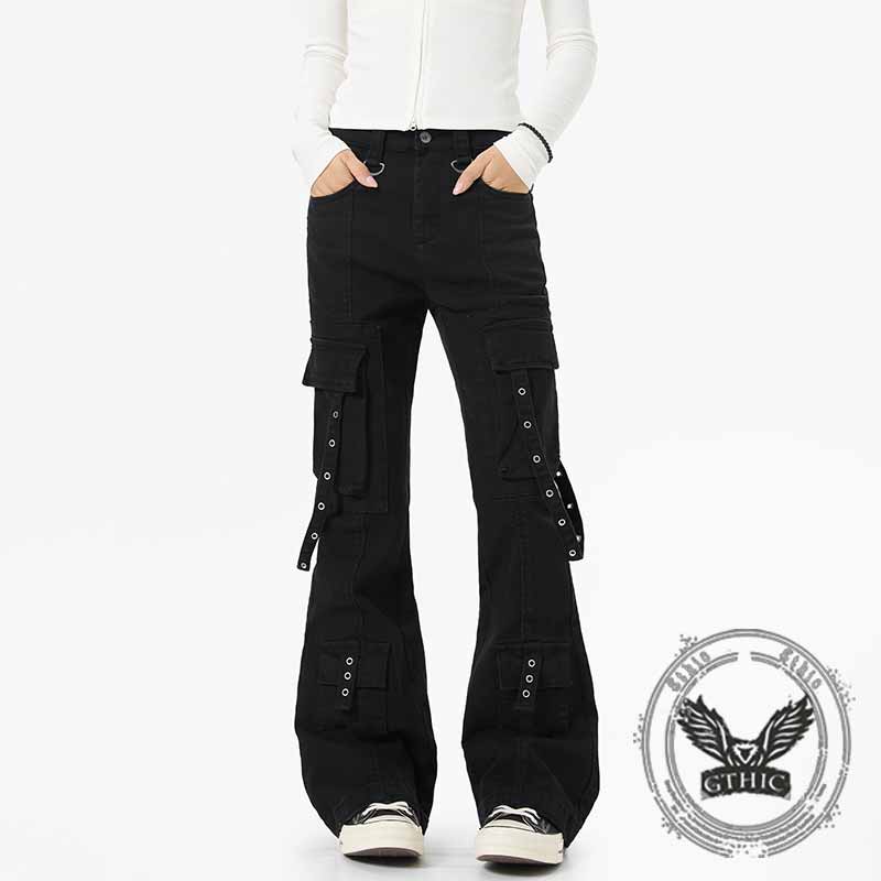 Dark Y2K Strap Design Flared Multi-Pocket Casual Pants 02 | Gthic.com