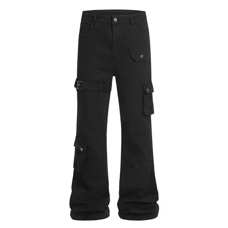 Dark Y2K Strap Design Flared Multi-Pocket Black Casual Pants – GTHIC