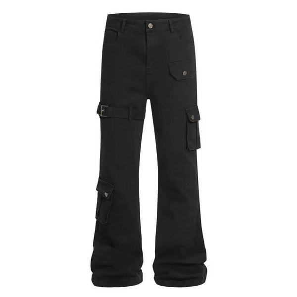 Dark Y2K Strap Design Flared Multi-Pocket Black Casual Pants – GTHIC