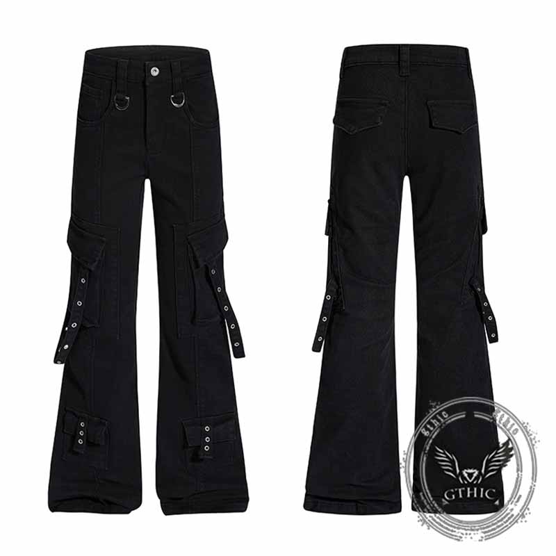 Dark Y2K Strap Design Flared Multi-Pocket Casual Pants 03 | Gthic.com