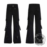 Dark Y2K Strap Design Flared Multi-Pocket Casual Pants 03 | Gthic.com