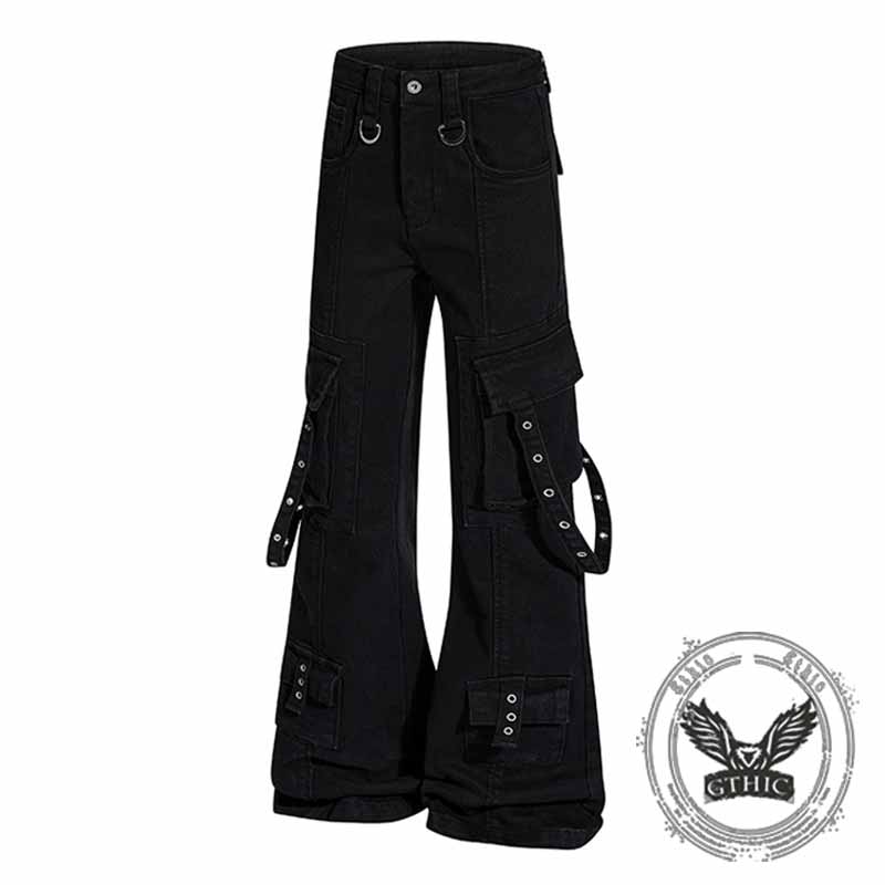 Dark Y2K Strap Design Flared Multi-Pocket Casual Pants