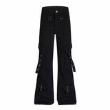 Dark Y2K Strap Design Flared Multi-Pocket Casual Pants