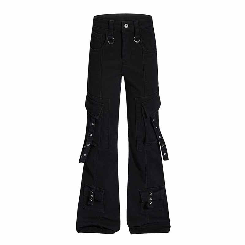 Dark Y2K Strap Design Flared Multi-Pocket Casual Pants