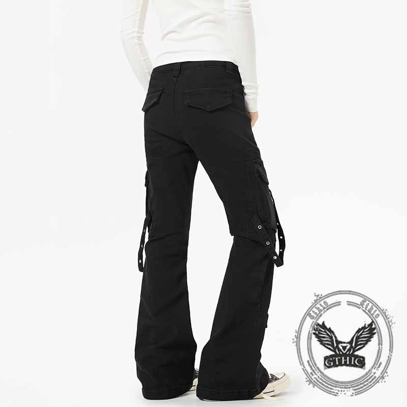 Dark Y2K Strap Design Flared Multi-Pocket Casual Pants