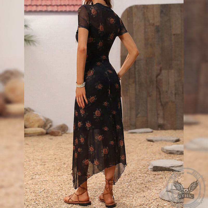 Women's Gothic Retro Dark Yellow Rose Mesh Double Layer Irregular Dress