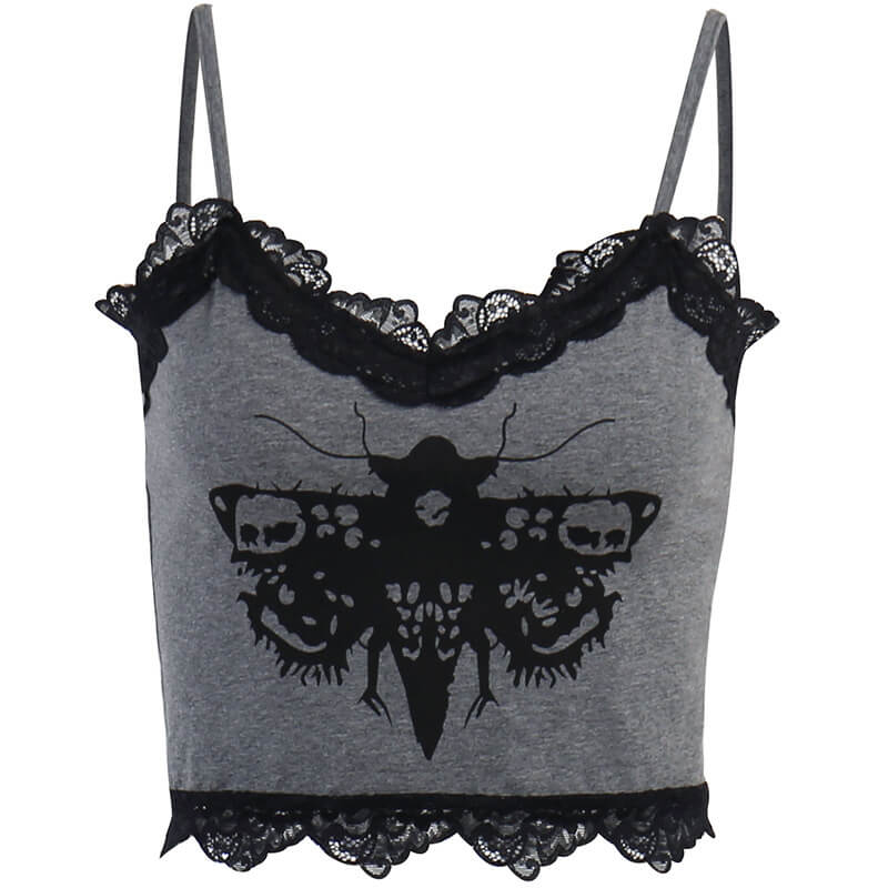 Death Moth Print Lace Crop Top | Gthic.com