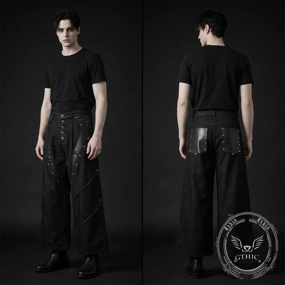 Deconstructed Snake Print Leather Spliced Rivet Jeans | Gthic.com
