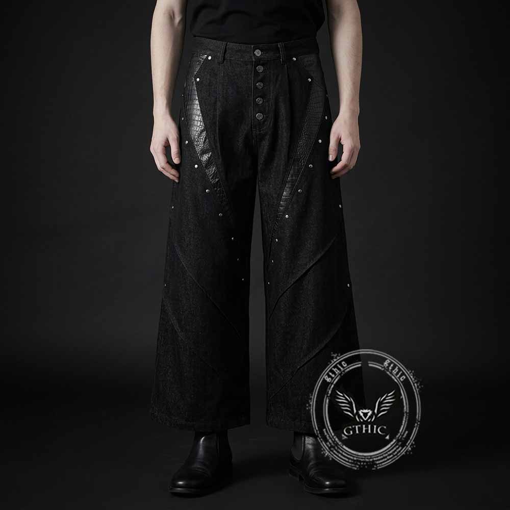 Deconstructed Snake Print Leather Spliced Rivet Jeans | Gthic.com