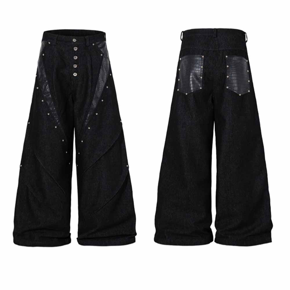 Deconstructed Snake Print Leather Spliced Rivet Jeans | Gthic.com