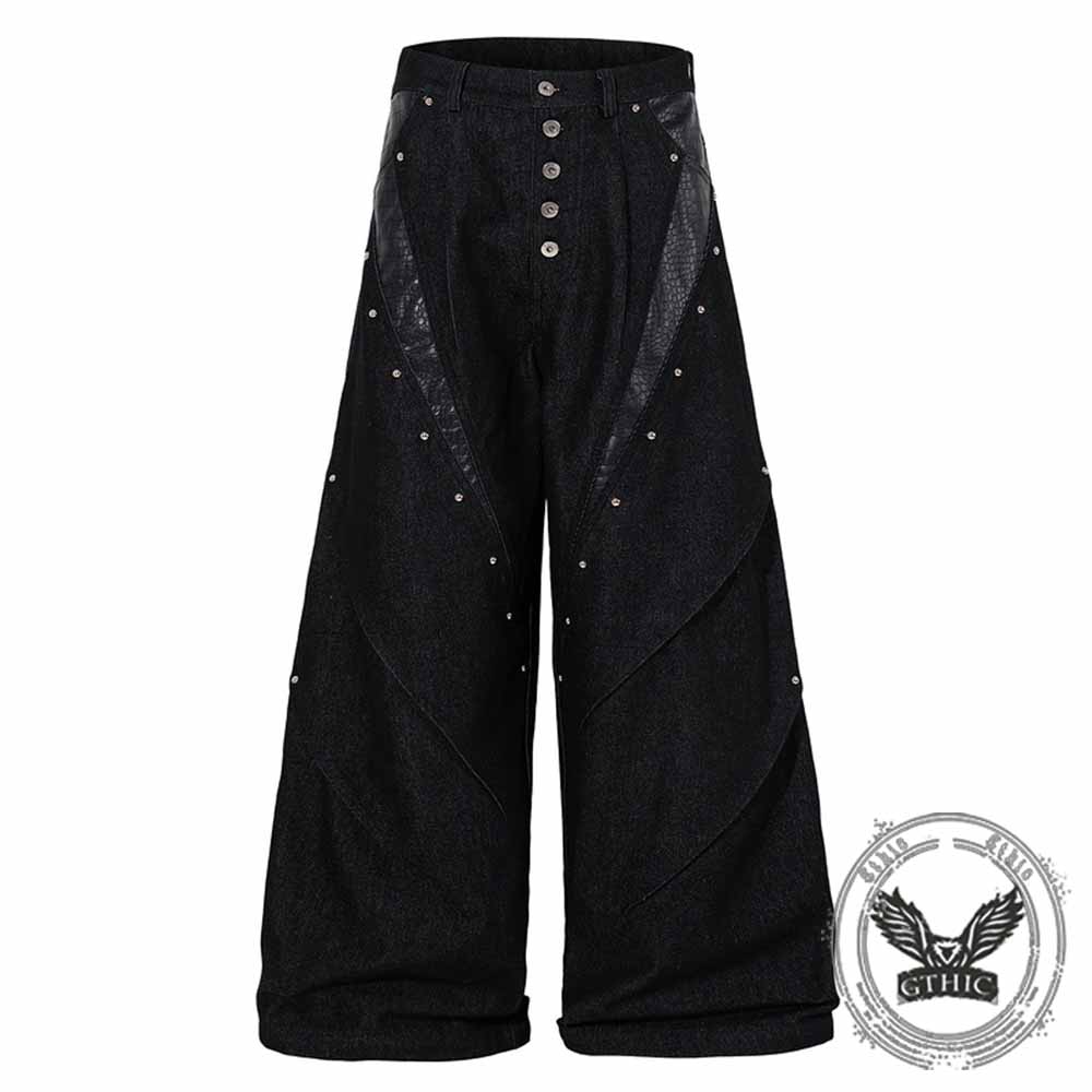 Deconstructed Snake Print Leather Spliced Rivet Jeans