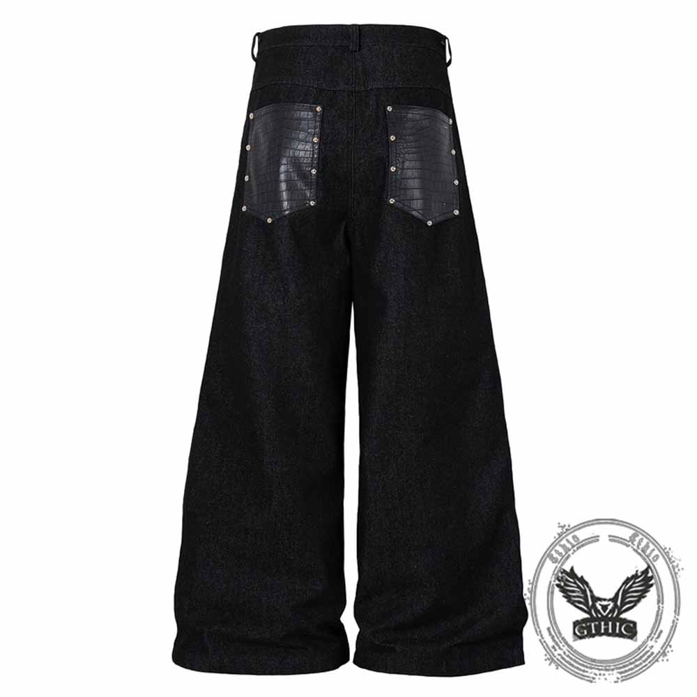 Deconstructed Snake Print Leather Spliced Rivet Jeans