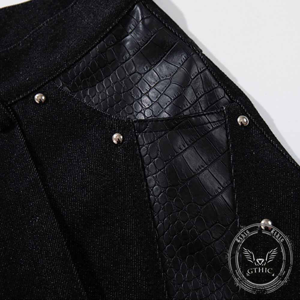 Deconstructed Snake Print Leather Spliced Rivet Jeans