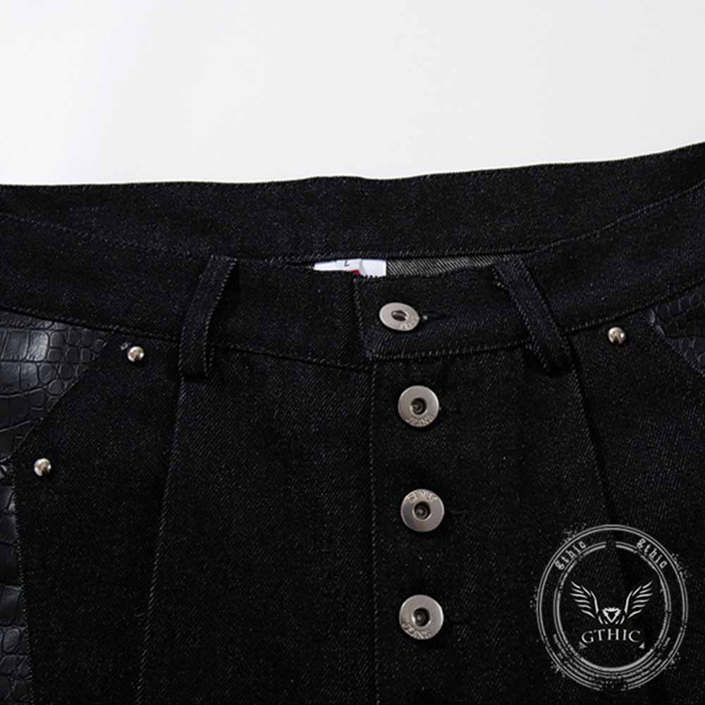 Deconstructed Snake Print Leather Spliced Rivet Jeans