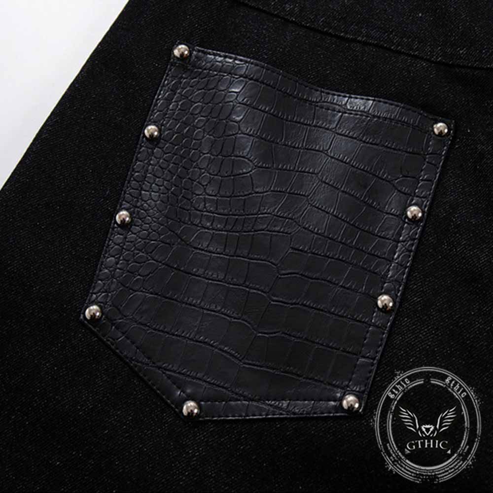 Deconstructed Snake Print Leather Spliced Rivet Jeans