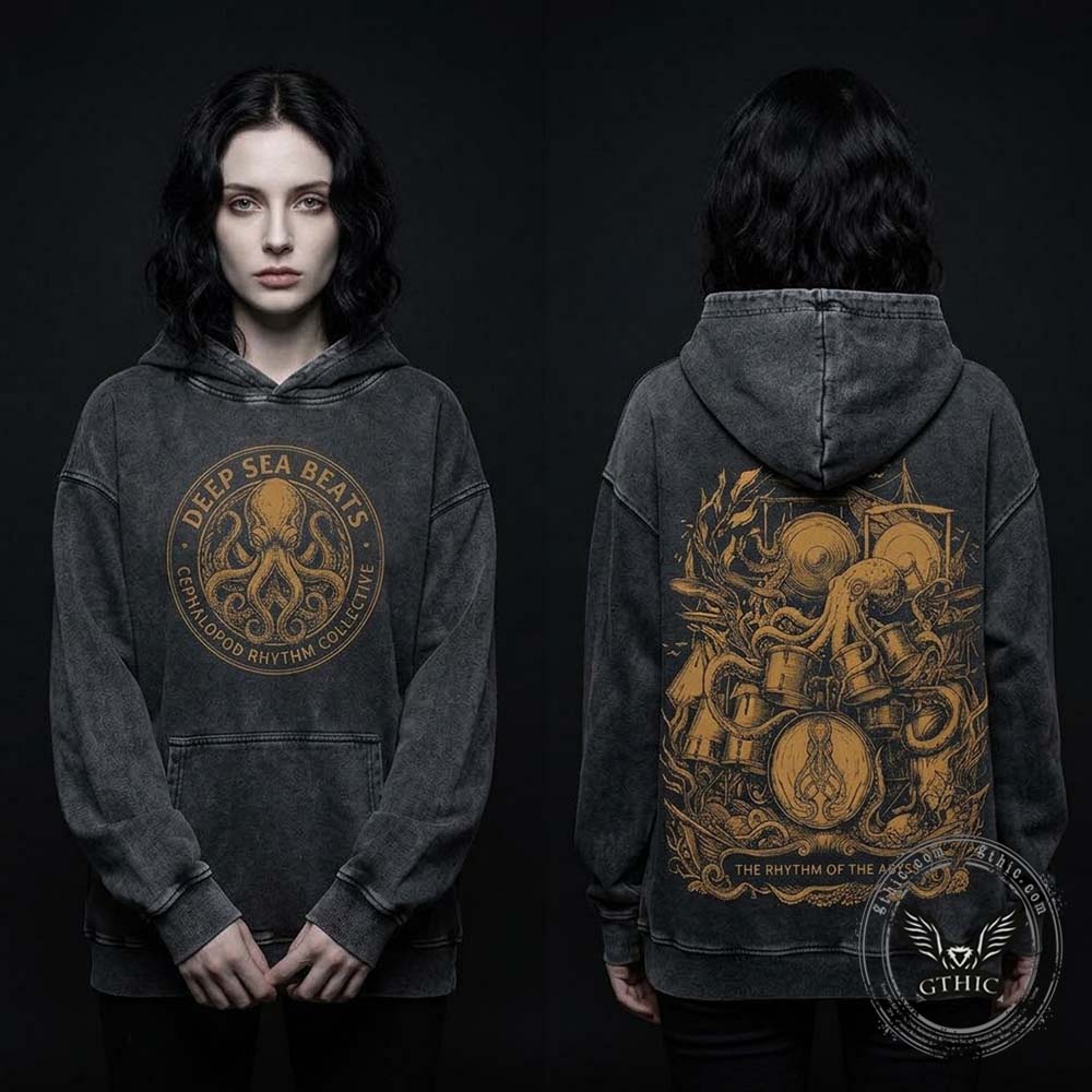Deep Sea Beats Octopus Drummer Vintage Washed Hoodie | Gthic.com