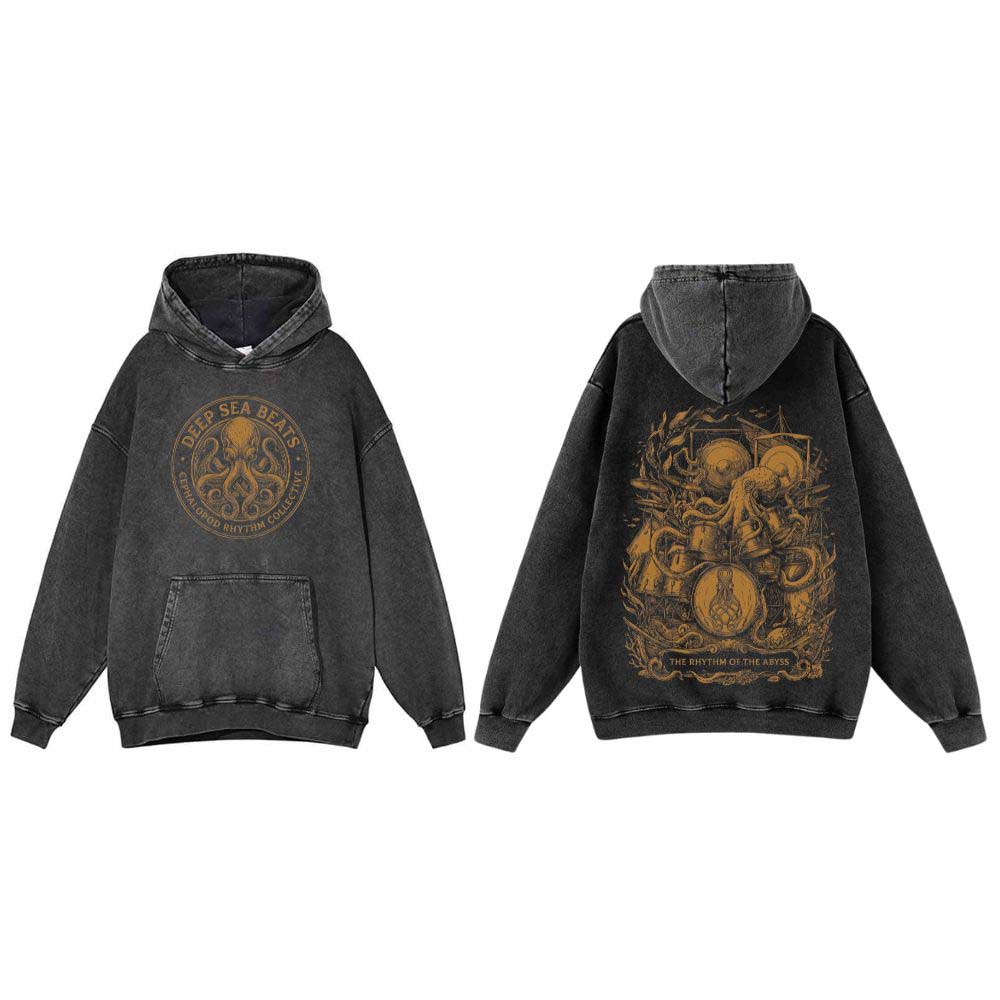 Deep Sea Beats Octopus Drummer Vintage Washed Hoodie | Gthic.com