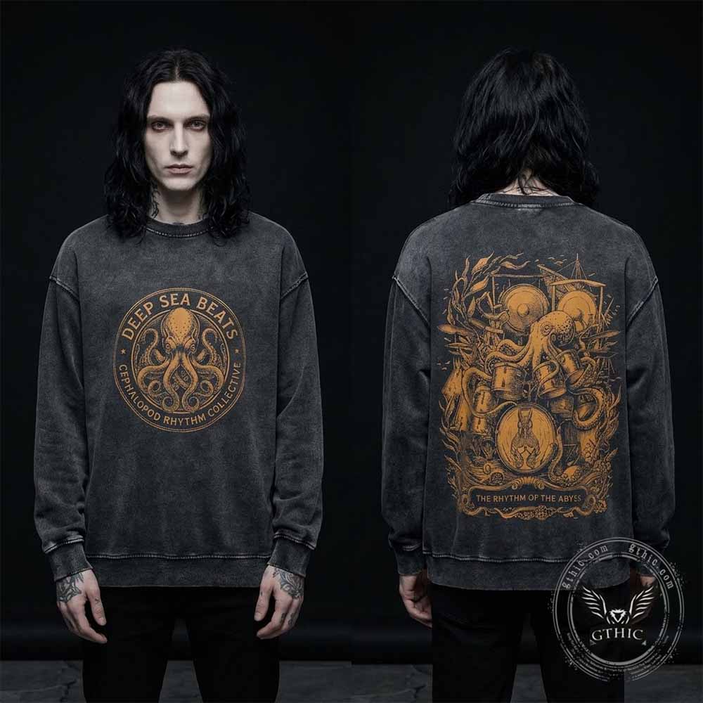 Deep Sea Beats Octopus Drummer Vintage Washed Sweatshirt | Gthic.com