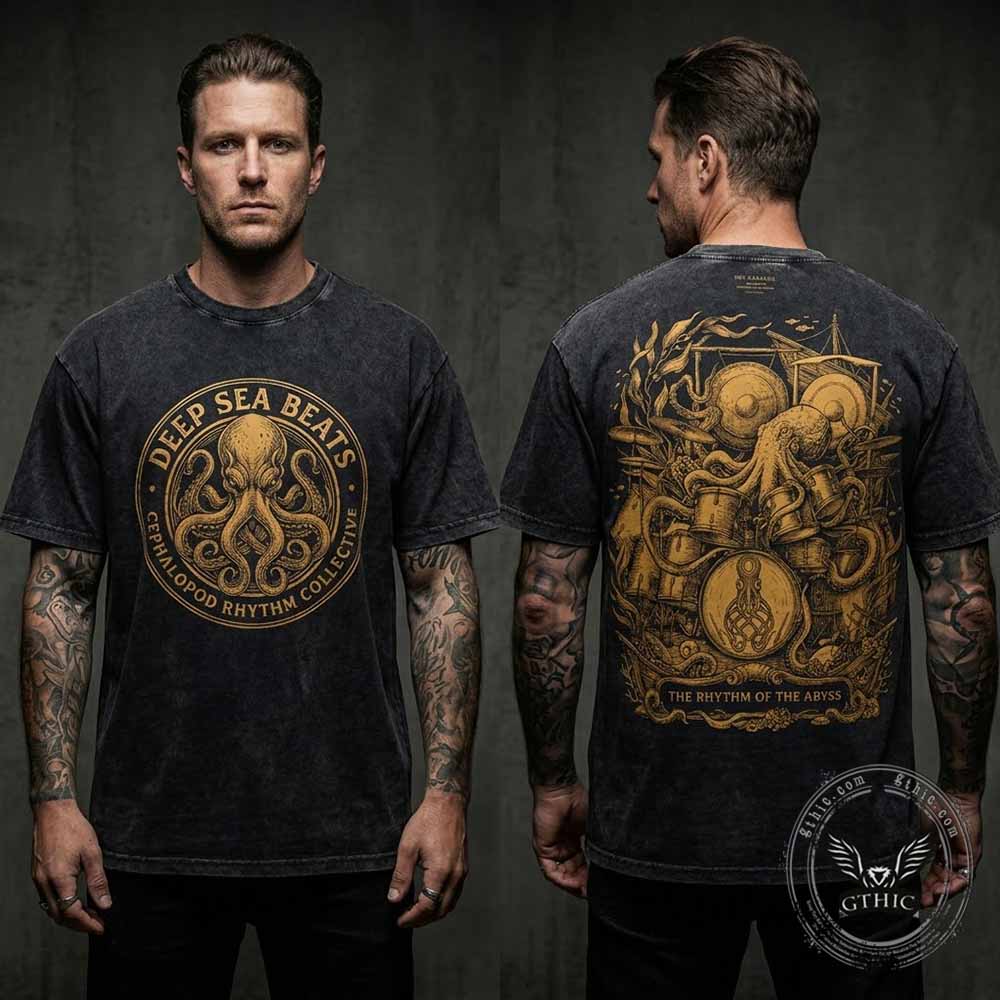 Deep Sea Beats Octopus Drummer Vintage Washed T-shirt | Gthic.com