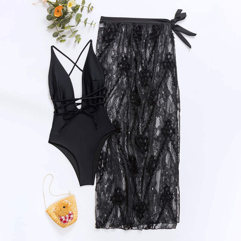 Deep V Backless One-piece Swimsuit With Lace Beach Skirt