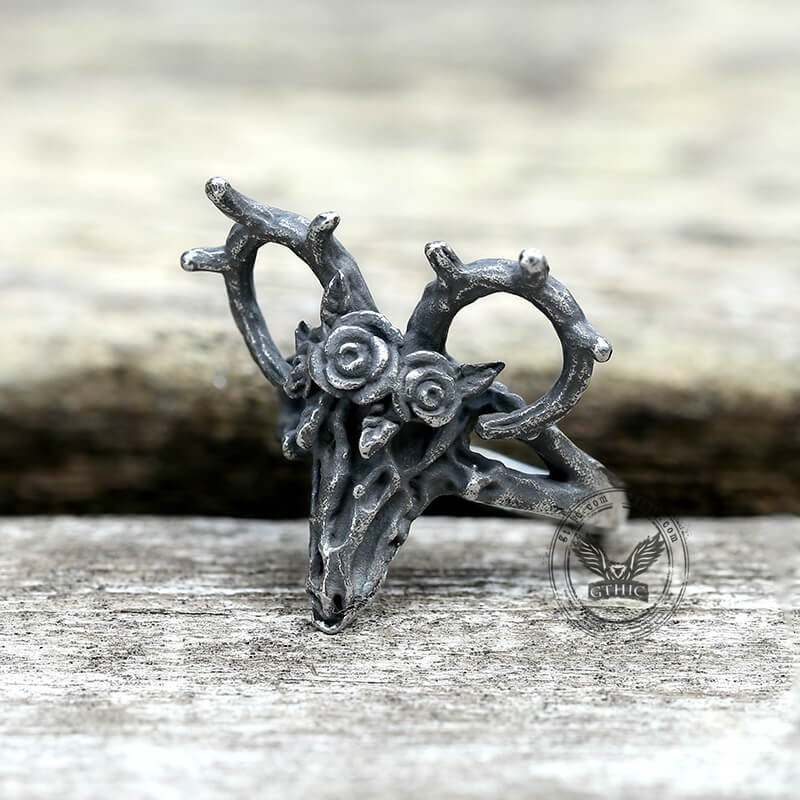 Deer And Rose Stainless Steel Skull Ring | Gthic.com