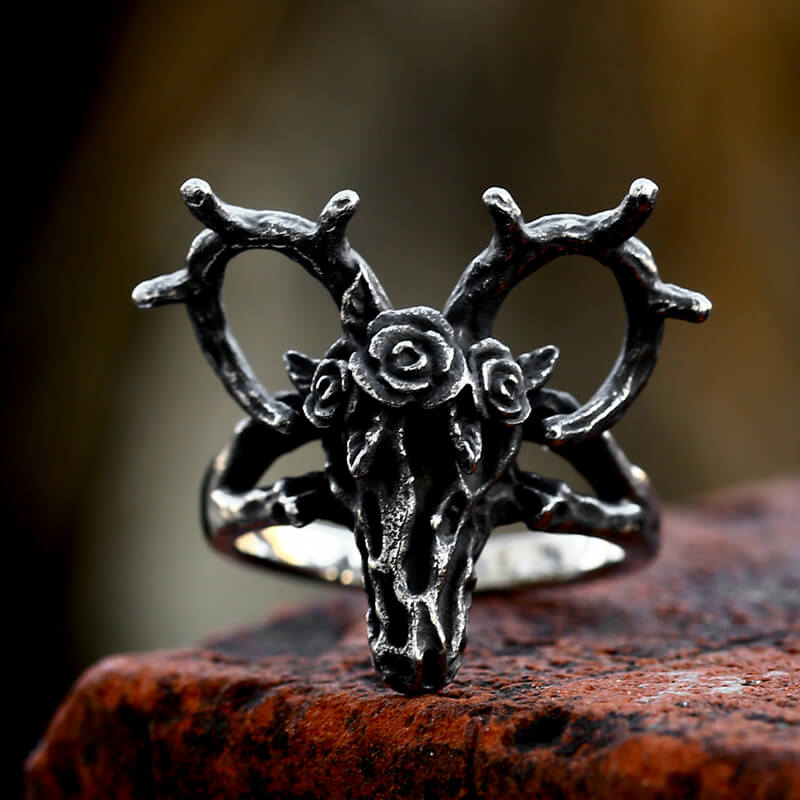 Deer And Rose Stainless Steel Skull Ring | Gthic.com