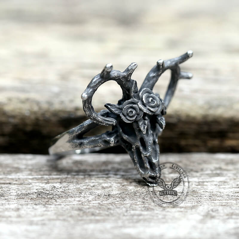 Deer And Rose Stainless Steel Skull Ring | Gthic.com