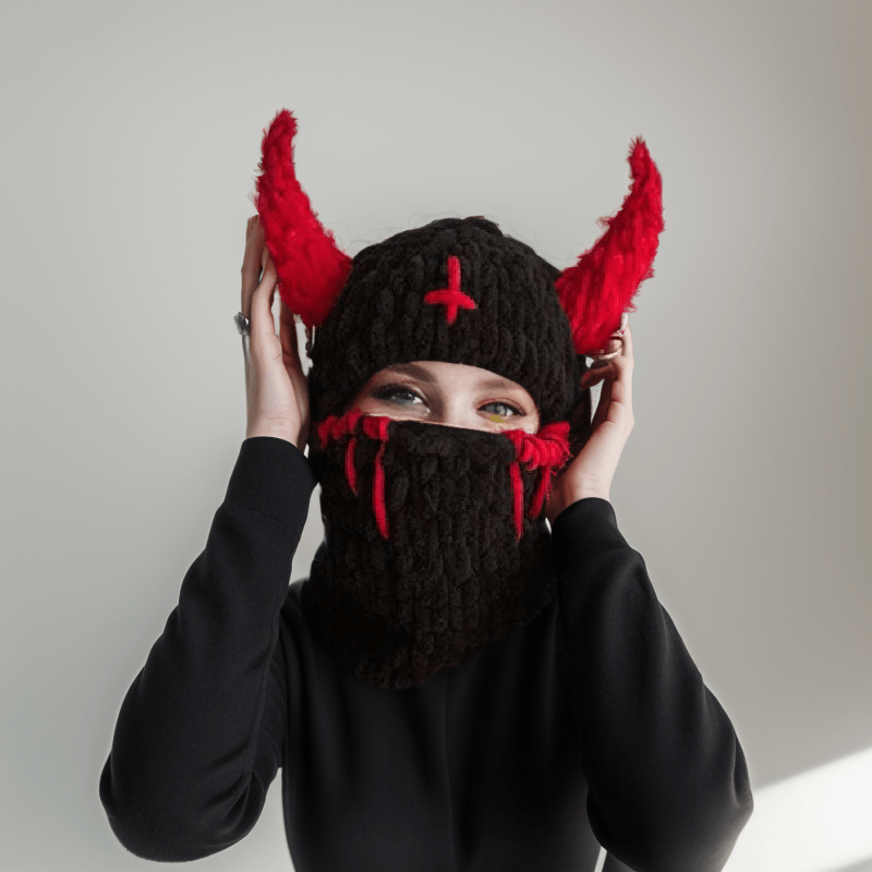 Demon Horn Knit Ski Mask Balaclava Hat | Gthic.com