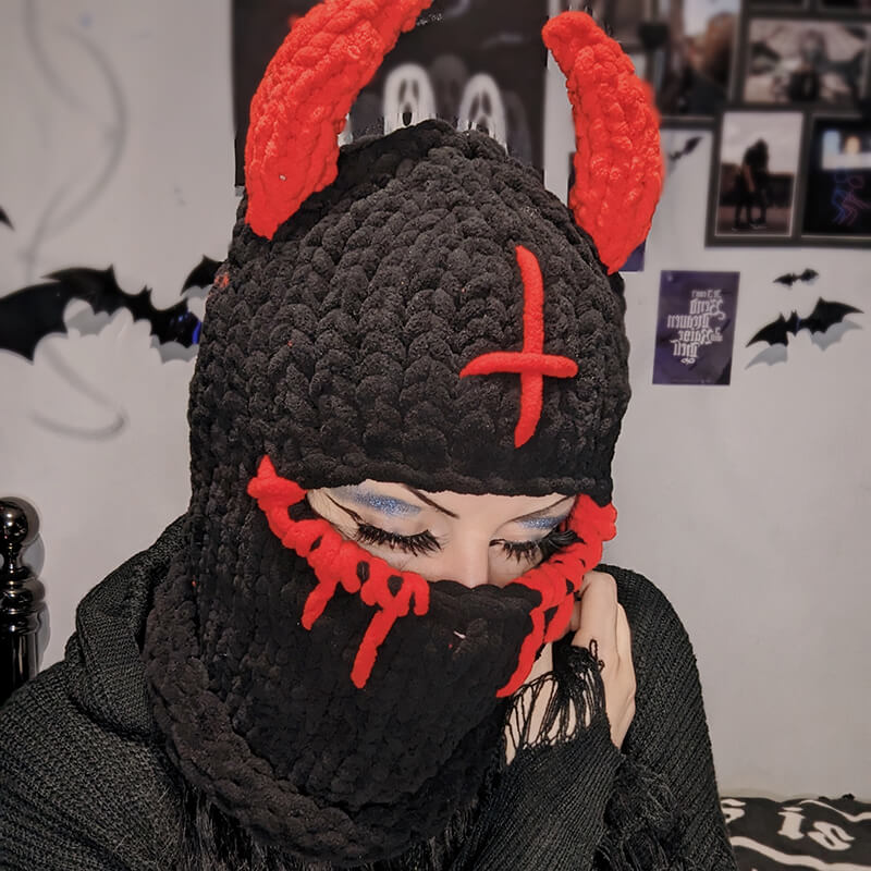 Demon Horn Knit Ski Mask Balaclava Hat | Gthic.com