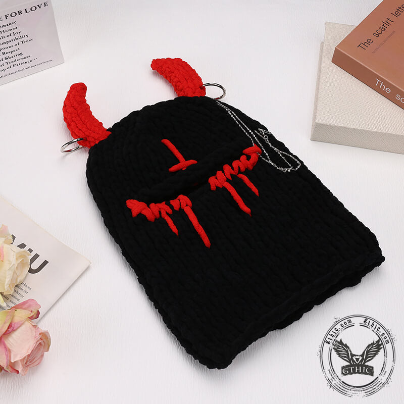 Demon Horn Knit Ski Mask Balaclava Hat