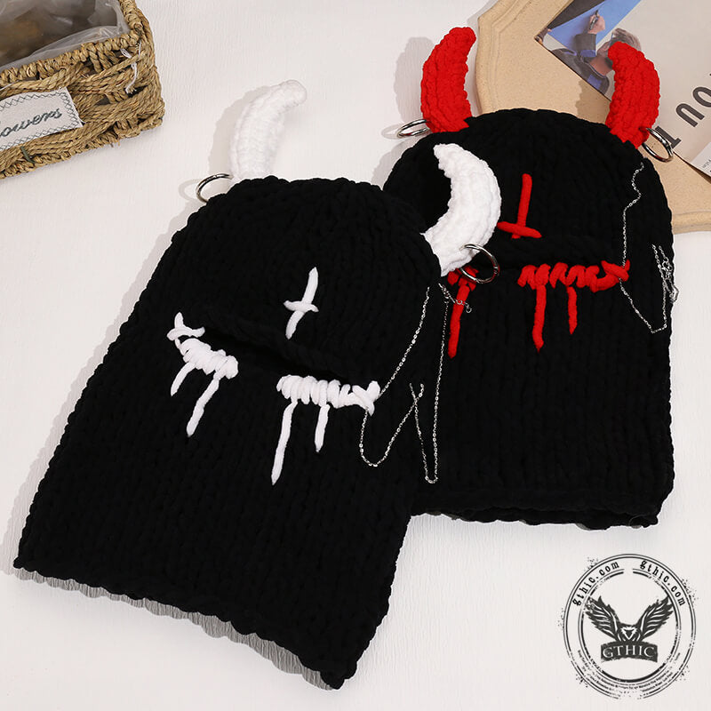 Demon Horn Knit Ski Mask Balaclava Hat