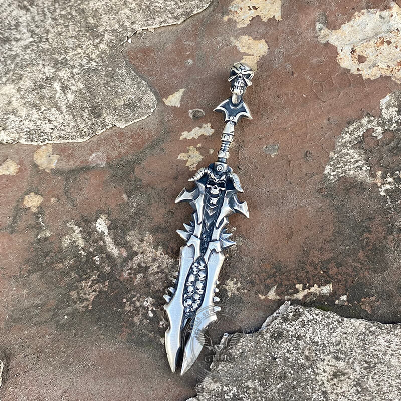 Demon Skull Sterling Silver Sword Weapon Pendant | Gthic.com