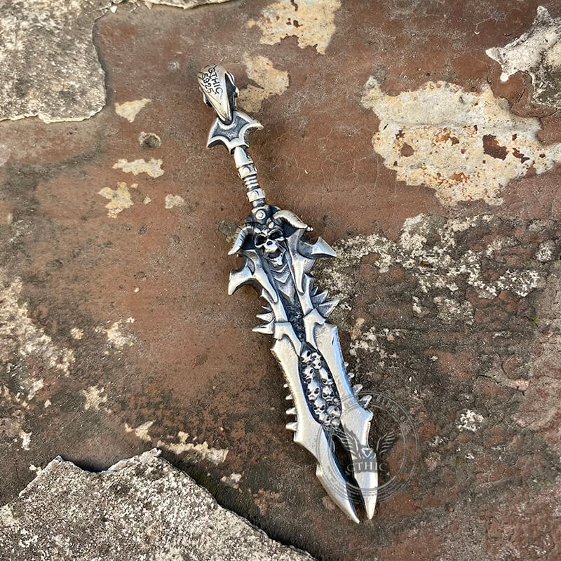 Demon Skull Sterling Silver Sword Weapon Pendant | Gthic.com