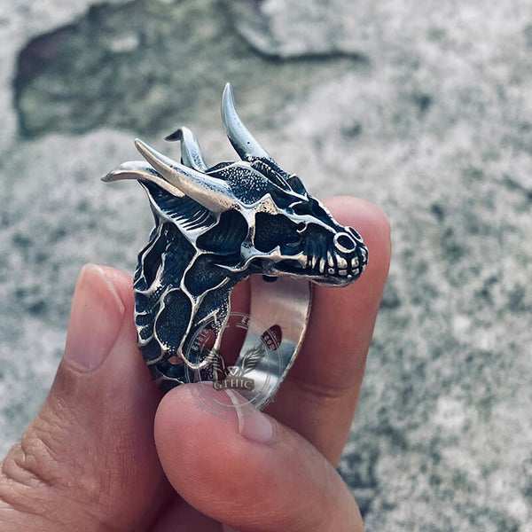 Devil Dragon Skull Sterling Silver Ring | Gthic.com