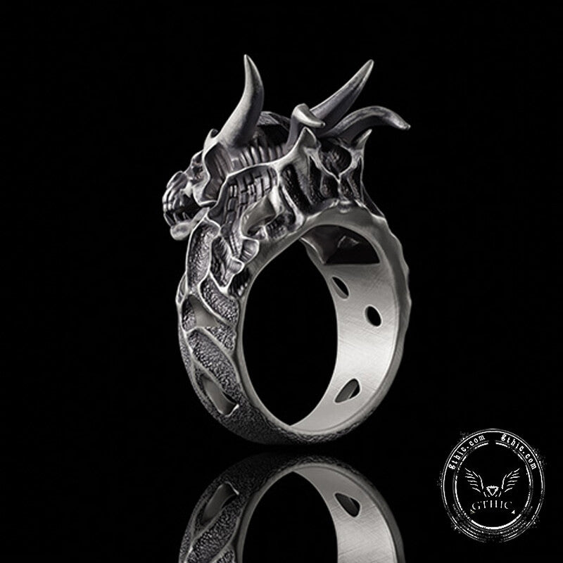 Devil Dragon Skull Sterling Silver Ring | Gthic.com