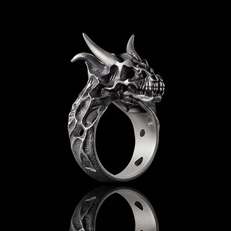 Devil Dragon Skull Sterling Silver Ring | Gthic.com