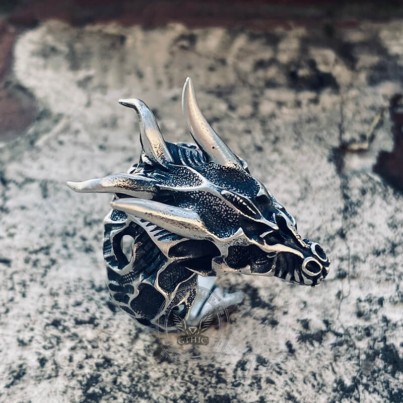 Devil Dragon Skull Sterling Silver Ring | Gthic.com