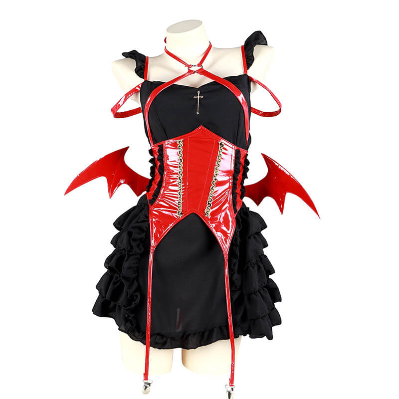 Succubus Little Devil Cosplay Costume Sleeveless Lolita Dress with Latex  Wing Corset