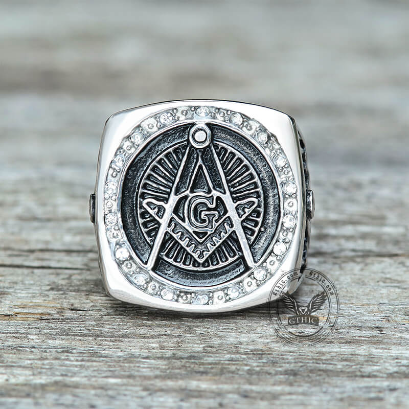Diamond Masonic Symbol Stainless Steel Ring | Gthic.com