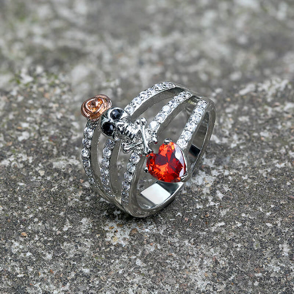 Diamond Skull Rose Brass Engagement Ring | Gthic.com