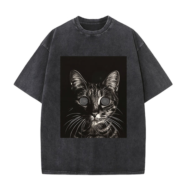 Dizzy Cat Print Washed Dark Aesthetic T-shirt | Gthic.com